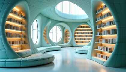 Fototapeta premium Modern library boasts curved bookshelves, soft seating areas. Light blue ceramic walls, futuristic architecture create serene, stylish ambiance. Curved shapes, soft seating add unique floating