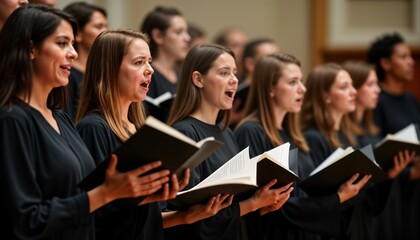 Choir members sing during performance in church hall. Wear formal attire, hold sheet music. Group of singers perform song. Music concert in hall. Formal choir event. People involved in musical