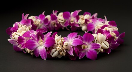 Stunning purple orchid lei adorned with white seashells.  Tropical floral crown. Hawaiian style.  Beautiful decorative lei.