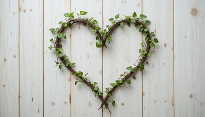 Heart Shaped Vine Wreath on White Wooden Background Spring Nature Love Concept © CooLKenG