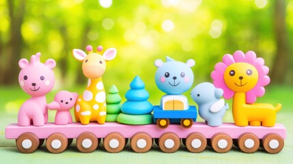 Colorful animal toys on a pink wooden train against a blurred green background.