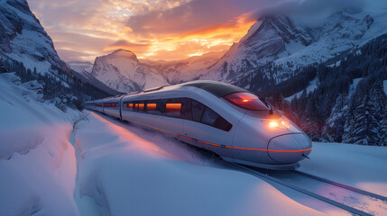 Futuristic high-speed train traversing snowy mountain landscape at sunset.