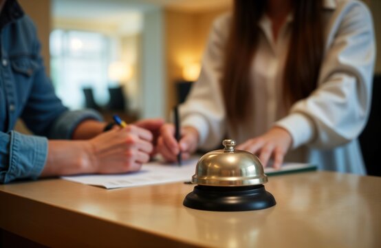Woman guest checks in hotel reception. Hotel staff helps filling forms. People signing documents. Hotel lobby interior. Guest signs documents. Hotel service. Business trip. Tourist. Vacation. Travel.