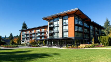 Modern luxury hotel with expansive lawn, balconies, and ample natural light.
