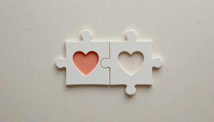 Two White Puzzle Pieces with Interlocking Hearts Love Unity and Connection Concept © CooLKenG