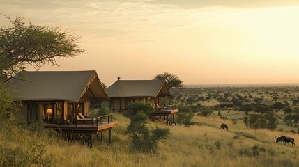Luxury Safari Lodge at Sunset in African Savanna