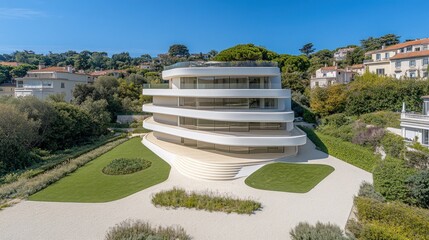 Modern white curved luxury house on hillside with landscaped gardens.