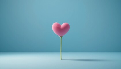 Pink Heart Shaped Flower on Stem Minimalist Love Concept Blue Background Romantic Design © CooLKenG