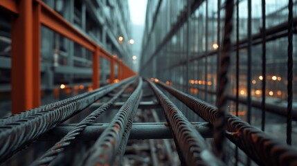 Fototapeta premium Parallel steel beams stretch into the distance, showcasing the industrial symmetry and depth of an architectural wonder.