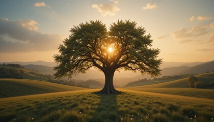 Majestic Oak Tree at Sunset in Rolling Hills Landscape Photography
