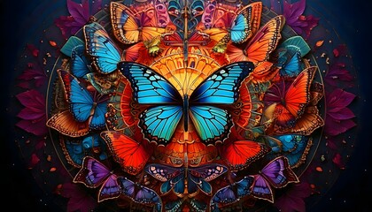 Obraz premium Close-Up of a Large Blue and Orange Butterfly Surrounded by Smaller Butterflies