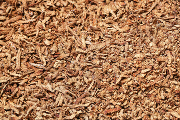 Grated avocado pit. Closeup texture of wooden shavings. Brown wooden like curls and shreds natural organic pattern.