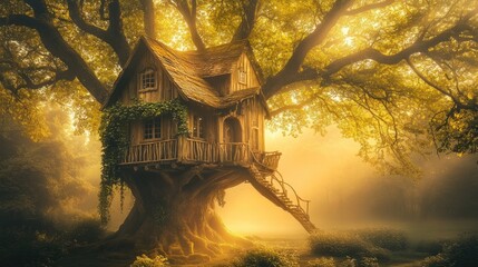 Enchanting tree house nestled in a mystical autumn forest bathed in golden sunlight.