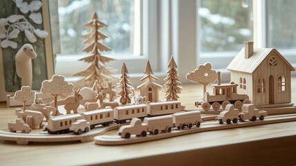 Wooden toy train set with houses, trees, and animals on a window sill.
