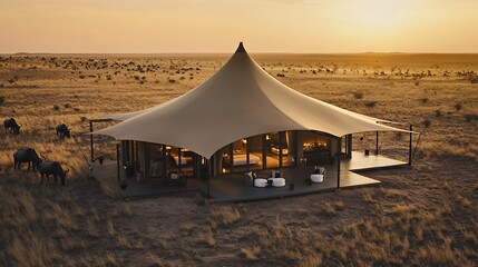 Luxury Safari Tent at Sunset in the African Savanna