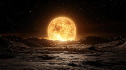 Orange moonrise over a barren, rocky landscape at night; perfect for fantasy or sci-fi