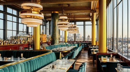 Luxurious rooftop restaurant with panoramic city views, gold accents, and teal velvet banquettes.