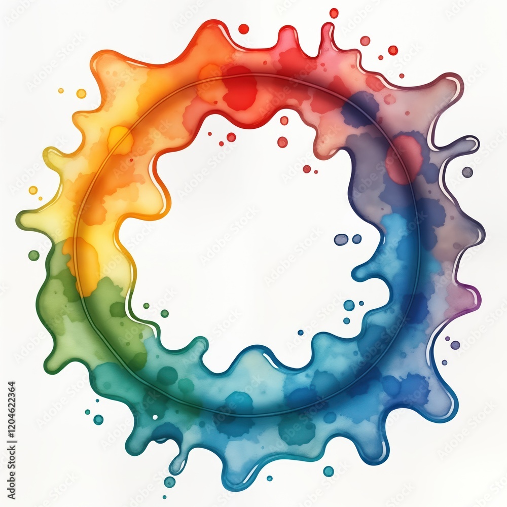 Aufkleber colorful watercolor paint splashes create circular abstract design. rainbow hues mix, drip in dynami