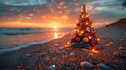 Seashell Christmas tree with garlands lights on a sandy beach at sunrise.