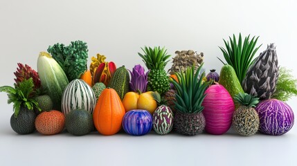 A colorful display of various decorative fruits and vegetables on a white background.