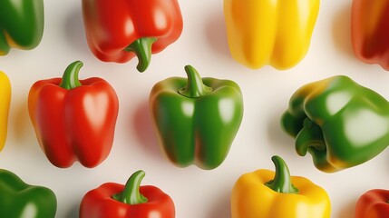 A colorful arrangement of fresh bell peppers in red, green, and yellow shades.