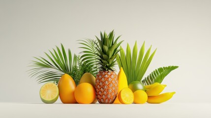 A vibrant arrangement of fresh fruits and tropical leaves on a minimalist background.