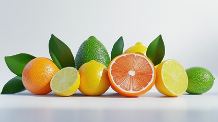 A vibrant arrangement of fresh citrus fruits with green leaves on a clean background.