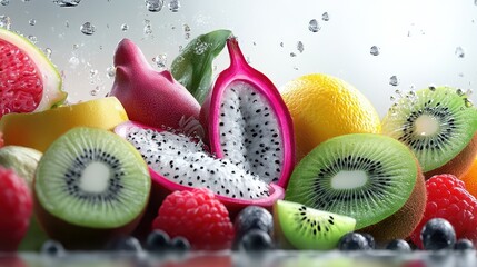 A vibrant assortment of fresh fruits with droplets, showcasing nature's colorful bounty.
