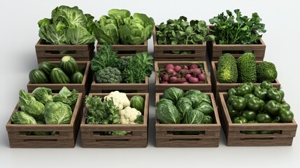 Fresh vegetables arranged in wooden crates for a vibrant market display.