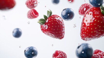 Fresh strawberries and blueberries splash in water, highlighting their vibrant colors.