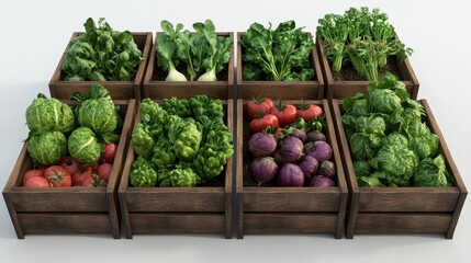 Freshly harvested vegetables displayed in wooden crates on a light background.
