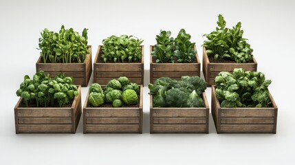 Freshly harvested green vegetables in wooden crates arranged aesthetically.