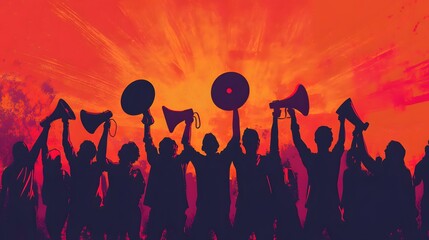 Silhouetted Crowd Holding Mega phones Against a Fiery Sky