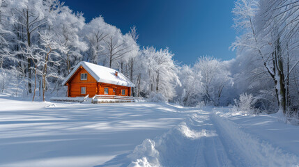 Snowy winter landscape with cozy cabin and frosted trees under clear blue sky.