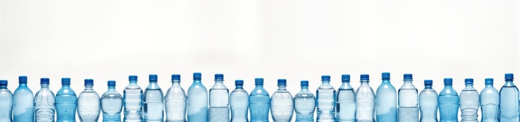 Fototapeta premium Multiple plastic water bottles arranged in horizontal line against plain white background. Bottles various shapes, sizes, filled with transparent liquid, blue caps. Image range of plastic bottles for