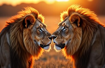 Fototapeta premium Majestic lions face during golden hour in savanna. Wild animals show powerful body language, strong bond. African wildlife landscape in park setting. Young male lions. Beautiful portrait shot.