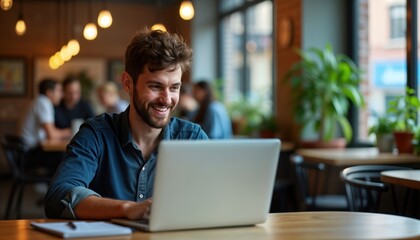 Obraz premium Young man working enthusiastically on laptop in busy urban coworking space. Sitting at table filled with like minded people. Smiling. Photogenic moment of passion, innovation. Creative workspace