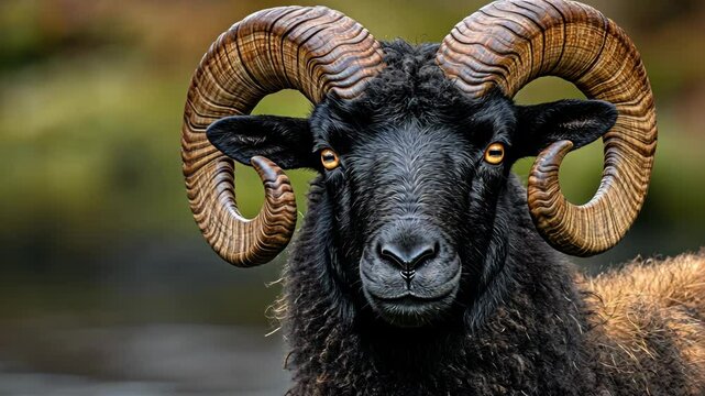 Majestic ram stands proudly in a natural setting showcasing its impressive curved horns