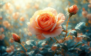 Vibrant Floral Arrangement Watercolor Style Soft Pastel Color Sunlight Rose Blossoms Bokeh Effect Wedding Invitation Design