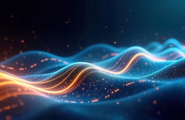 Obraz premium Abstract dynamic futuristic design with glowing neon lines, waves. Fast moving tech energy flows. Stylish futuristic background. Elegant lines, curves create mesmerizing visual effect. Glowing