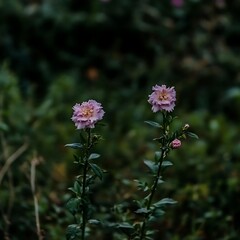 Two Delicate Pink Roses Bloom Amidst Lush Green Foliage