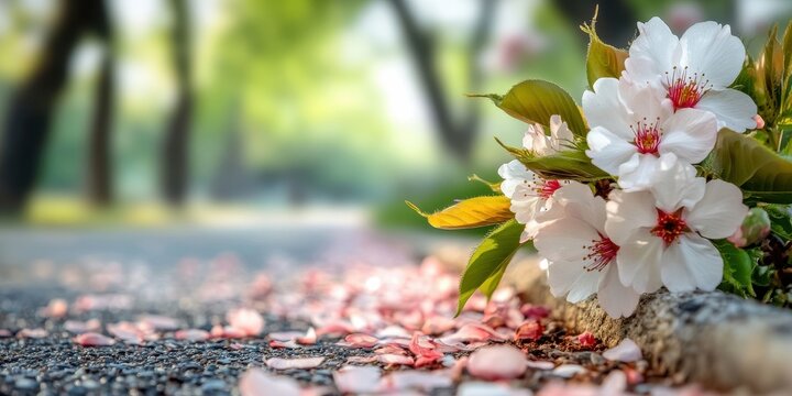 White cherry blossoms scattered along a sunlit pathway.