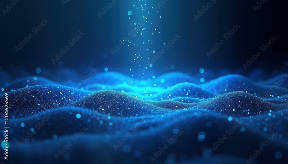 Aufkleber Abstract digital illustration shows dark blue light rays, sparkling blue light particles creating textured surfaces, grids. Blue glow creates blurred effect, shimmering pattern. Glittering particles