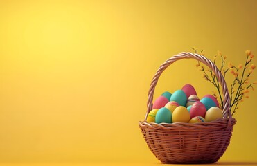 Fototapeta premium Colorful Easter eggs in a wicker basket with yellow flowers