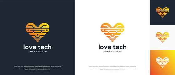 Naklejka premium Love technology logo design. Love digital technology logo design vector icon.