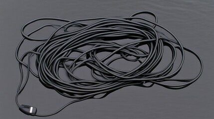 Tangled black cable on dark reflective surface.