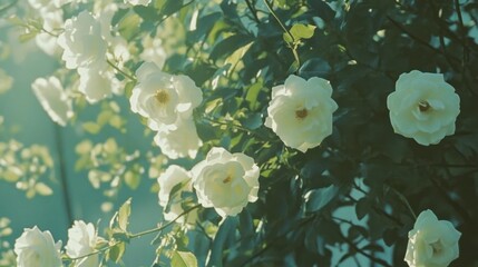 White roses blooming on a lush green vine in sunlight.