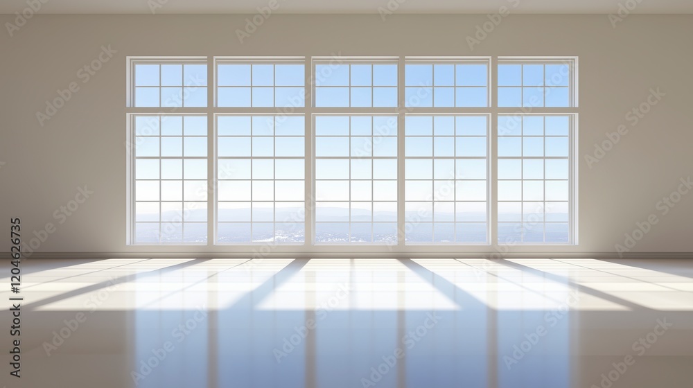 Poster a large room with a large window overlooking the ocean. the room is empty and the window is open, le