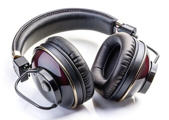 Close-up of sleek black headphones, architectural studio backdrop.