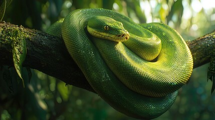 Fototapeta premium Green tree python coiled on a branch in lush rainforest.